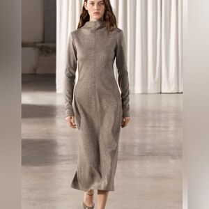 Zara Wool Blend Midi Dress High collar long sleeve ZW  Sand Neutral Size S NWT